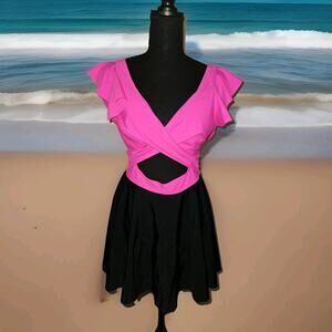 NWT! B2PRITY Cut Out One Piece Swimdress Black/Pink Flutter Sleeves Size M